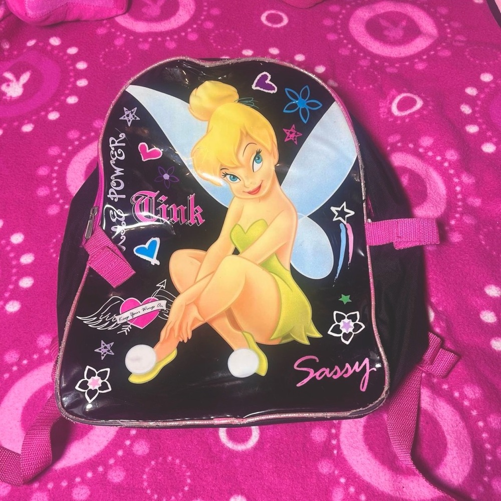 Disney’s Tinker Bell Fairy Black & Pink School Backpack Fair Condition